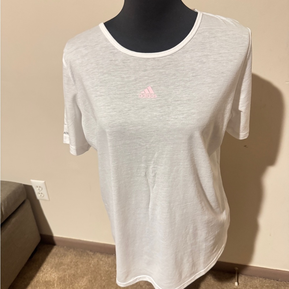 adidas White and Pink Short Sleeve Tee